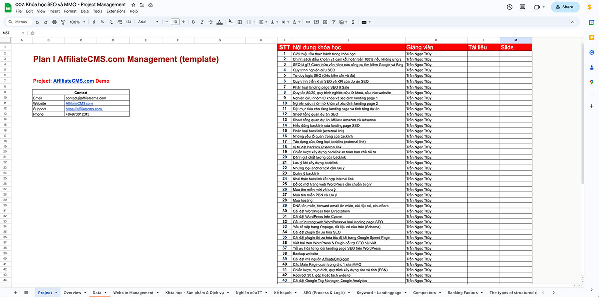 File Google Sheet Template quản lý dự án